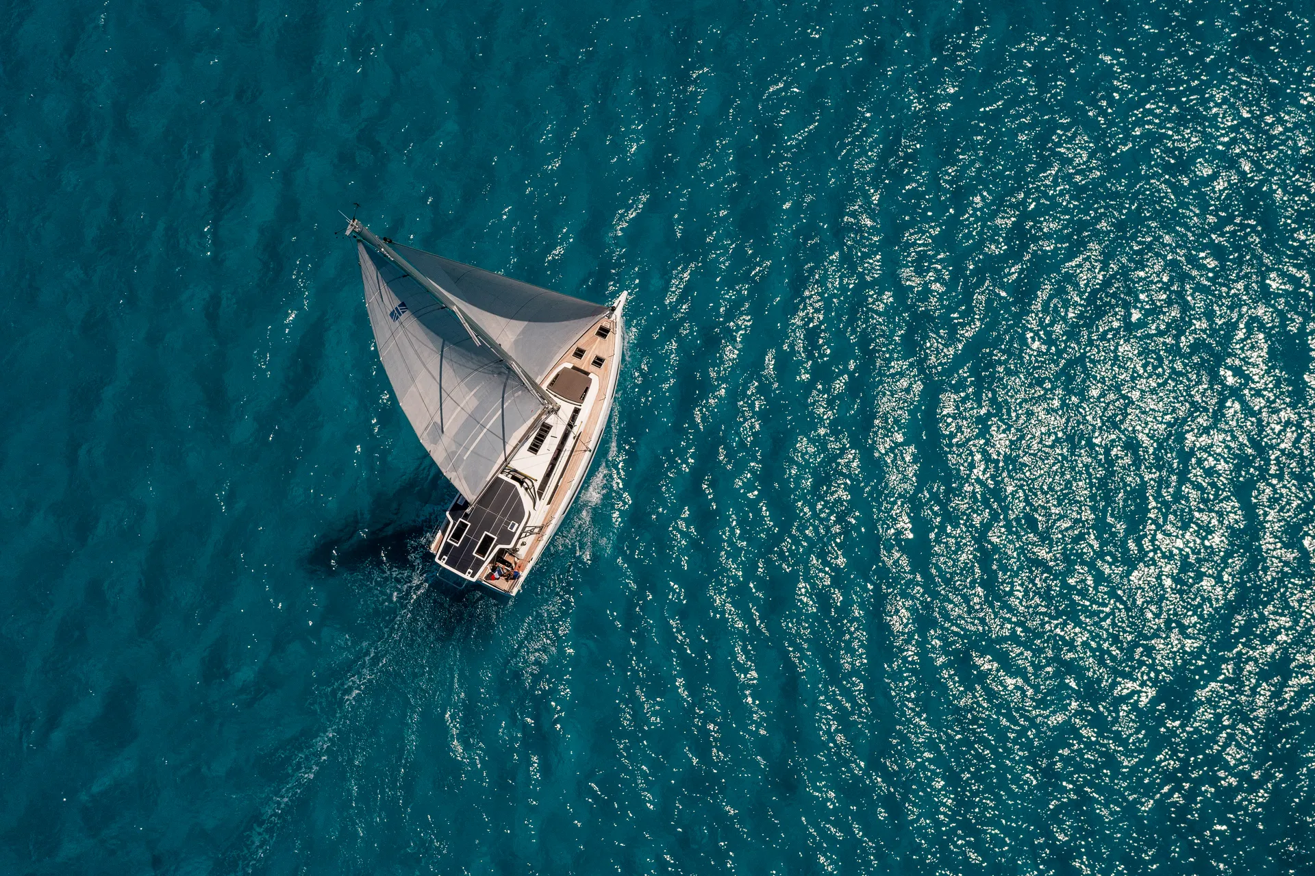 Dufour 48 drone sailing view